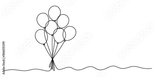 Continuous single line drawing of a bunch of balloons with strings tied together Vector, illustration