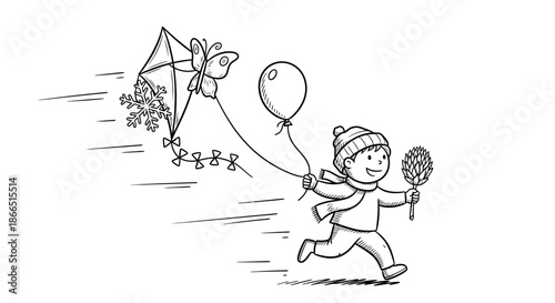 Child Running with Kite and Balloons.
