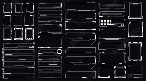 Isolated futuristic frame vector illustration with digital text boxes, tech interface components and cyberpunk themed HUD hologram borders for sci fi game design, UI elements and high tech graphics