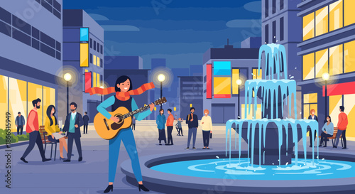 Street Musician Performing Near Fountain in City Square at Night.