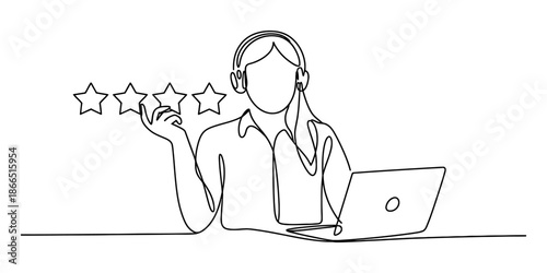 Continuous line drawing of a person giving a four-star rating for customer service Vector, illustration