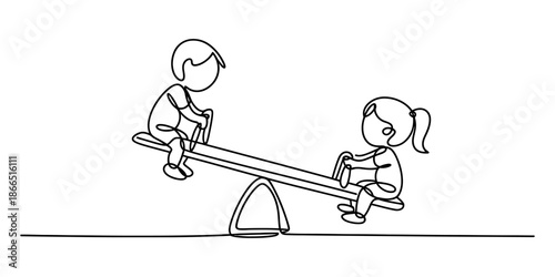 Continuous line art illustration depicting two children, a boy and a girl, playing together on a seesaw Vector, illustration