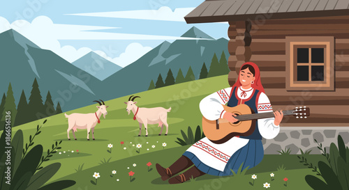 Folkloric Musician Serenading Goats with Guitar by Log Cabin.