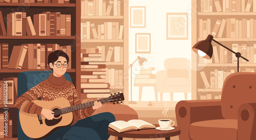 Man Playing Guitar in Cozy Library Setting.