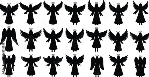 angel, silhouette, icon, halo, wings, posture, gesture, black, white, illustration, vector, design, symbol, divine, spiritual, flying, peaceful, celestial, figure, variation