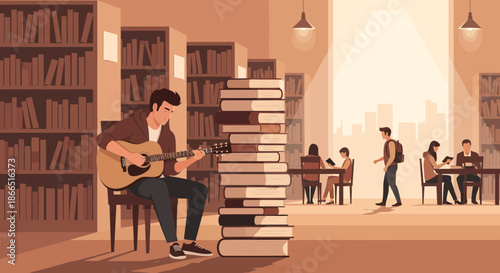 Man playing guitar next to a book stack in a library.