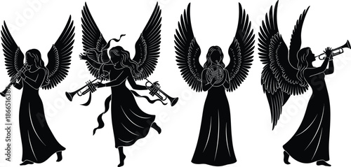 angel, musician, silhouette, wings, trumpet, clarinet, horn, dove, dress, black, white, icon, illustration, vector, design, symbol, spiritual, celestial, music, divine