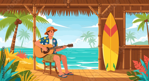 Man playing guitar on tropical beach hut with surfboard.