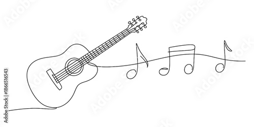 Minimalist continuous line drawing depicting an acoustic guitar and a flowing stream of musical notes Vector, illustration