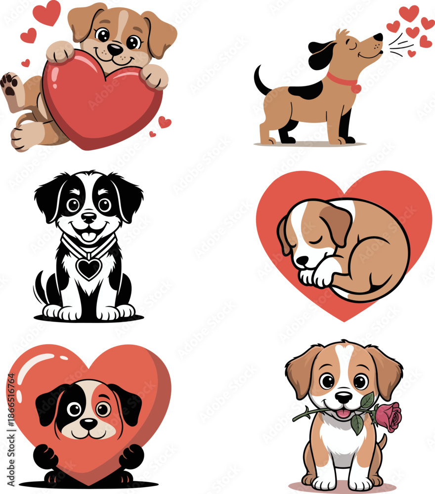 Obraz premium Cute Valentine Dogs Holding Hearts Sleeping and with Roses