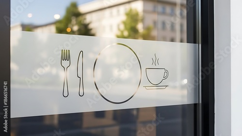 Restaurant logo mockup Frosted glass window with restaurant icons fork knife plate and coffee cup