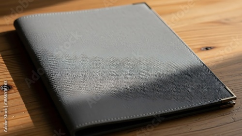 Restaurant logo mockup Gray leather portfolio with gold corner accents on a wooden table folder