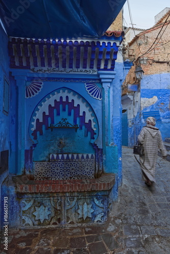 Al-Mdaqa public fountain (Seqqaya al-Mdaqa) in the 1940s Moorish-Andalusian style, in the Sidi Bouchouka area of the medina. Chefchaouen-Morocco-039