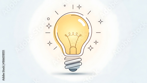 A bright yellow lightbulb icon with sparkles and lines on a white background