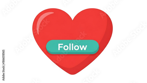 A red heart icon with a green follow button on a white background