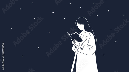 Girl Reading Under Stars A Minimalist Night Scene Illustration Artwork