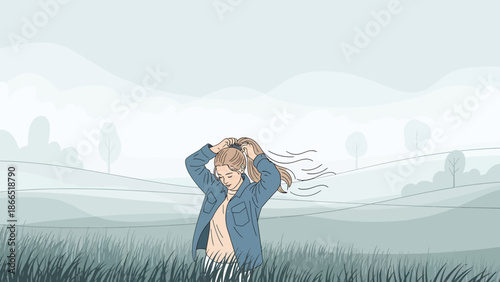 Girl Relaxing In Nature With Illustration Style On Peaceful Landscape