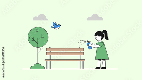 Girl Spraying Disinfectant On Park Bench In Flat Vector Style Illustration