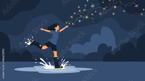 Girl Splashing Puddle Surrounded By Fireflies In A Dark Night Setting