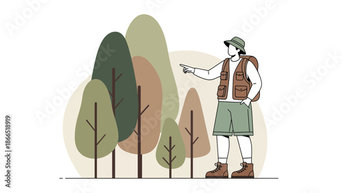 Adventurer Points the Way in a Forest Illustration Travel and Outdoors Theme