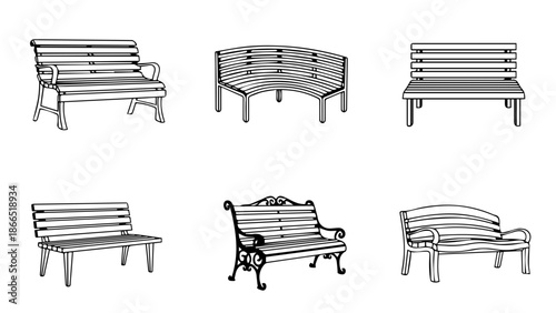 Collection of wooden park benches isolated on white background, Vector