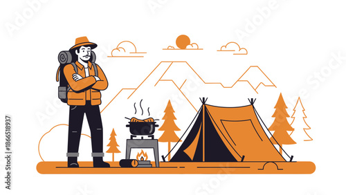 Adventurer Prepares Camp Feast Amidst Nature's Serene Landscape Graphic Style