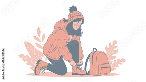 Girl Tying Her Shoe Laces On A Cold Day Ready For An Adventure