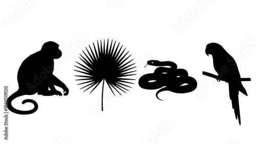 Silhouettes of monkey, palm tree, snake, and parrot isolated on white background, Vector