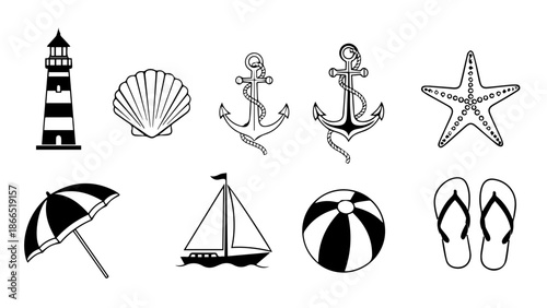 Classic coastal icons collection isolated on white background, Vector