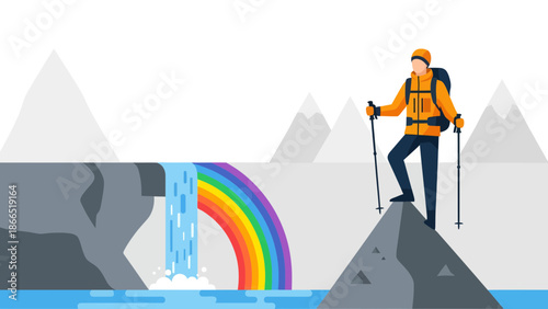 Adventurer Reaching Mountain Peak Amidst Breathtaking Rainbow Waterfall Landscape