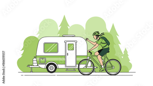 Green Adventure: Cyclist Exploring Nature with Camping Trailer in Forest Scenery