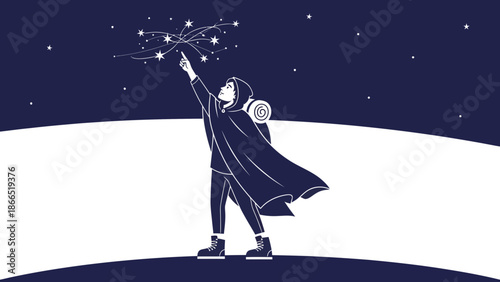 Adventurer Under Starry Skies: Exploring the Cosmos in Minimalist Illustration