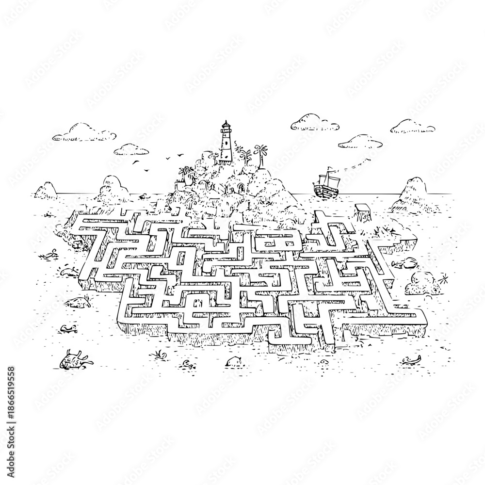 Fototapeta premium Black and White Castle Maze with Ship and Clouds