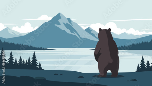 Grizzly Bear Gazing at Distant Mountains and Serene Lake Scenery