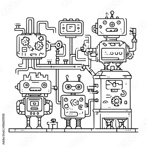 Robots Working on Industrial Machines in Factory