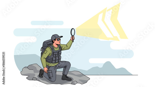 Adventurer With Magnifying Glass Exploring Nature And Searching For Treasures