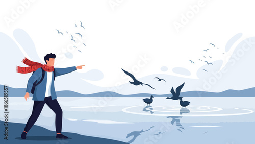 Adventurer Watching Migratory Birds Flying On Calm Lake In A Serene Winter Landscape