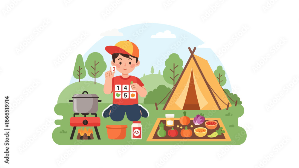 Fototapeta premium Adventures In The Great Outdoors Cartoon Camping Illustration With Kids Activities