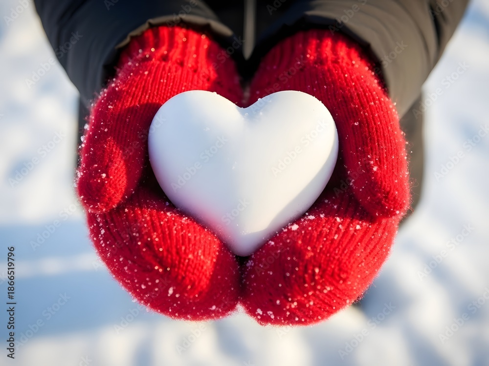 Fototapeta premium Hands in red mittens holding a white heart in the snow