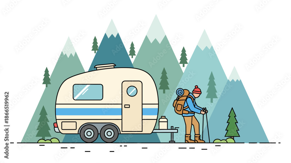 Obraz premium Adventurous Camper Exploring Nature With Retro Travel Trailer In Mountain Landscape