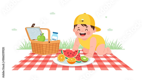 Happy Baby Enjoying Picnic with Fresh Fruits and a Basket on Checkered Blanket