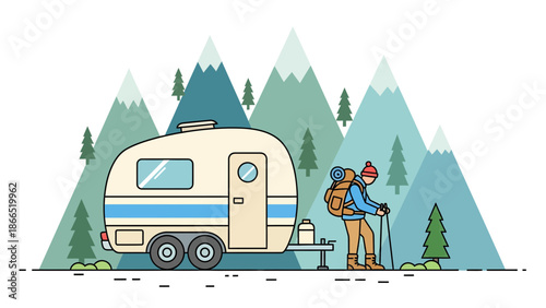 Adventurous Camper Exploring Nature With Retro Travel Trailer In Mountain Landscape