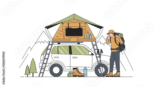 Adventurous Camper Preparing For Wilderness Expedition With Car Rooftop Tent