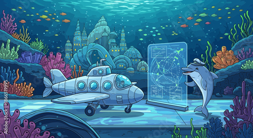 Underwater Adventure Submarine Dolphin and Holographic Display in Cartoon Style.