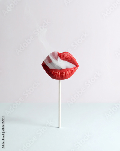 Shiny red lollipop mouth blowing out cigarette smoke, creative aesthetic concept.