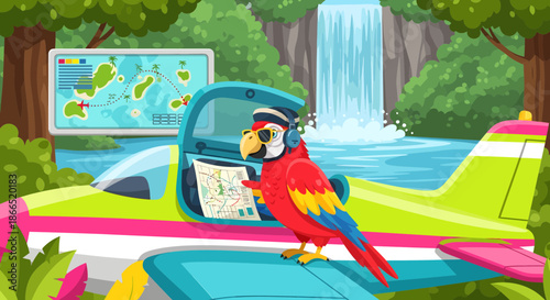 Cartoon Parrot Pilot Navigating with Map in Jungle Airplane.