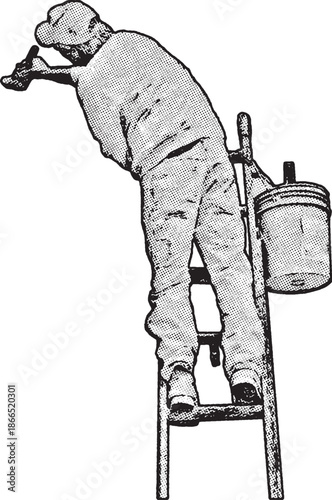 House Painter on Ladder Vintage Illustration, a man in work clothes standing on a wooden ladder. He is reaching upward to paint or repair a surface, featuring realistic clothing folds and textures.