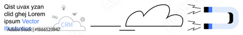 Digital marketing, data management, CRM, audience retention, lead generation, customer engagement. A magnet attracting symbols from a cloud. Digital marketing and data management theme