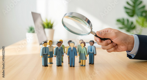 Hand holding magnifying glass searching among diverse business team figurines on a desk. Concept of HR recruitment, talent selection, and hiring process.