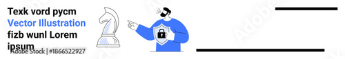 Data security, digital strategy, decision-making, online safety, encryption, technology protection. Man holding a shield with a lock symbol pointing to a chess piece. Data security and digital